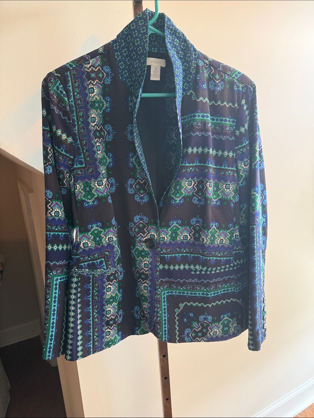 Chico’s Women Patterned Blazer Jacket - Blue Green Print